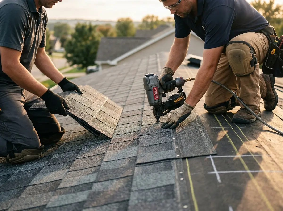 Professional roofer working on a residential roof in Yorkville
